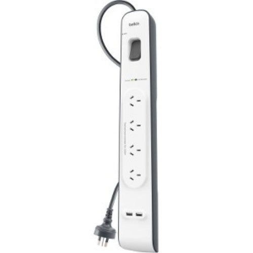 Belkin 4-Outlets Surge Protector with 2 USB Ports, 525 Joules, protects electronics from power surges and enables fast charging.