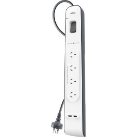 Belkin 4-Outlets Surge Protector with 2 USB Ports, 525 Joules, protects electronics from power surges and enables fast charging.