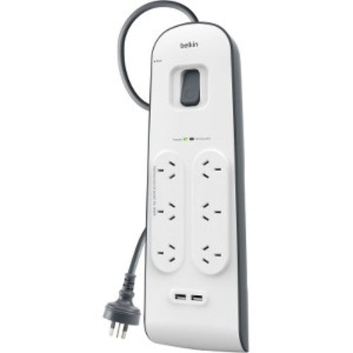 Belkin 6-outlet surge protector with dual USB ports, offering 650 Joules of surge protection for electronic devices.