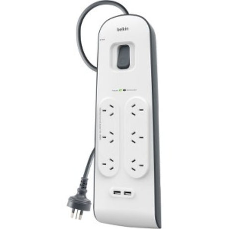 Belkin 6-outlet surge protector with dual USB ports, offering 650 Joules of surge protection for electronic devices.