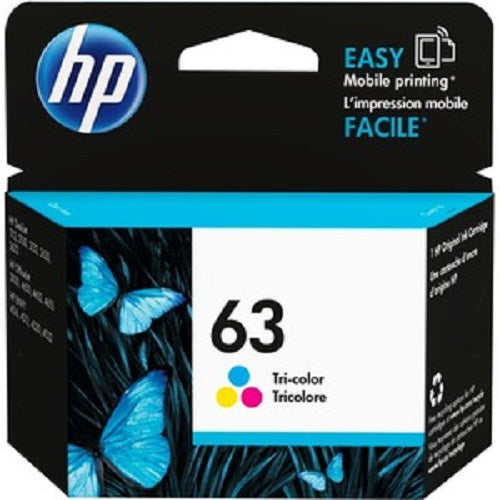 HP 63 Tri-Colour Ink Cartridge for vibrant prints, yields approx. 165 pages, ideal for home & office use.