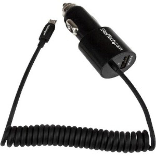 High-speed dual-port car charger in black with integrated Micro-USB cable for simultaneous device charging on the go.