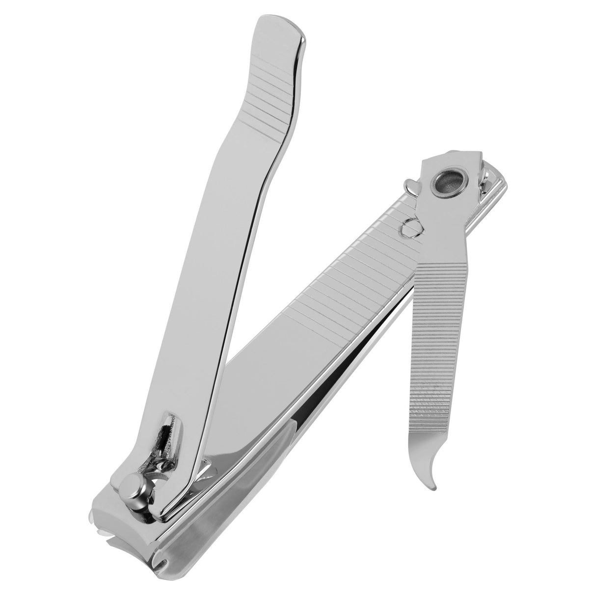 Manicare chrome plated toenail clippers with catcher and nail file for precise, mess-free grooming at home.