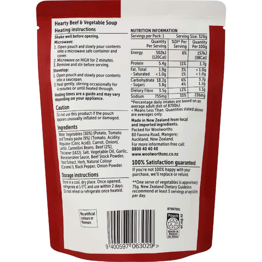 Woolworths Soup Beef & Vegetable Pouch 320g