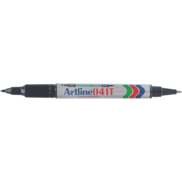 Artline 041t Permanent Dual Nib Markers in Black, featuring 0.4mm and 1mm tips for versatile and precise marking.