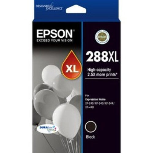 Epson 288XL high-capacity black ink cartridge with DURABrite Ultra for sharp, water- and fade-resistant prints.