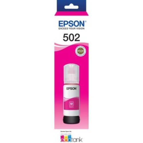 Epson T502 EcoTank Magenta Ink Bottle for vibrant, cost-effective printing, compatible with select Epson inkjet printers.