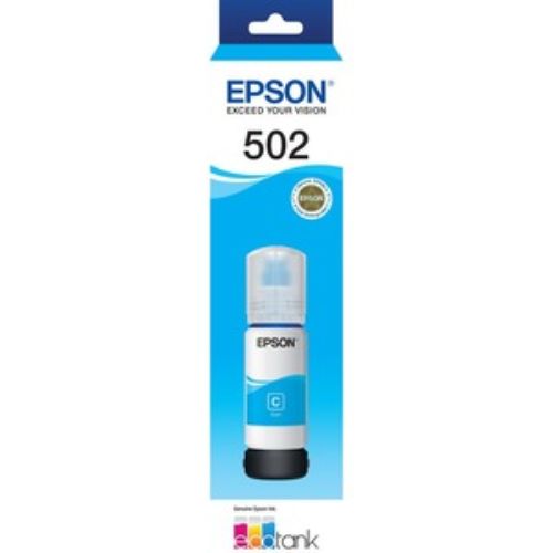 Epson EcoTank T502 Cyan Ink Bottle for ultra high yield printing, compatible with WorkForce and Expression printers.