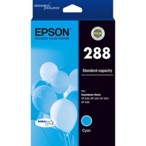 Epson DURABrite Ultra 288 Cyan Ink Cartridge for vibrant, crisp prints, featuring fast-drying, water-resistant ink technology.