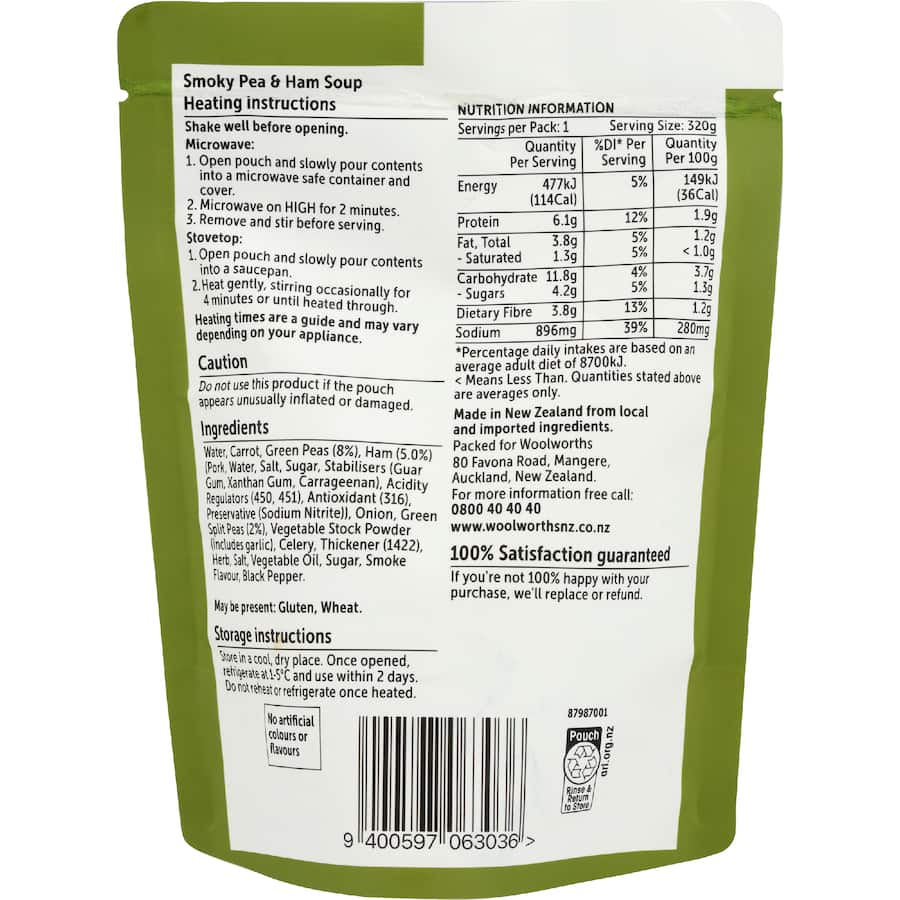 Woolworths Soup Pea & Ham Pouch 320g