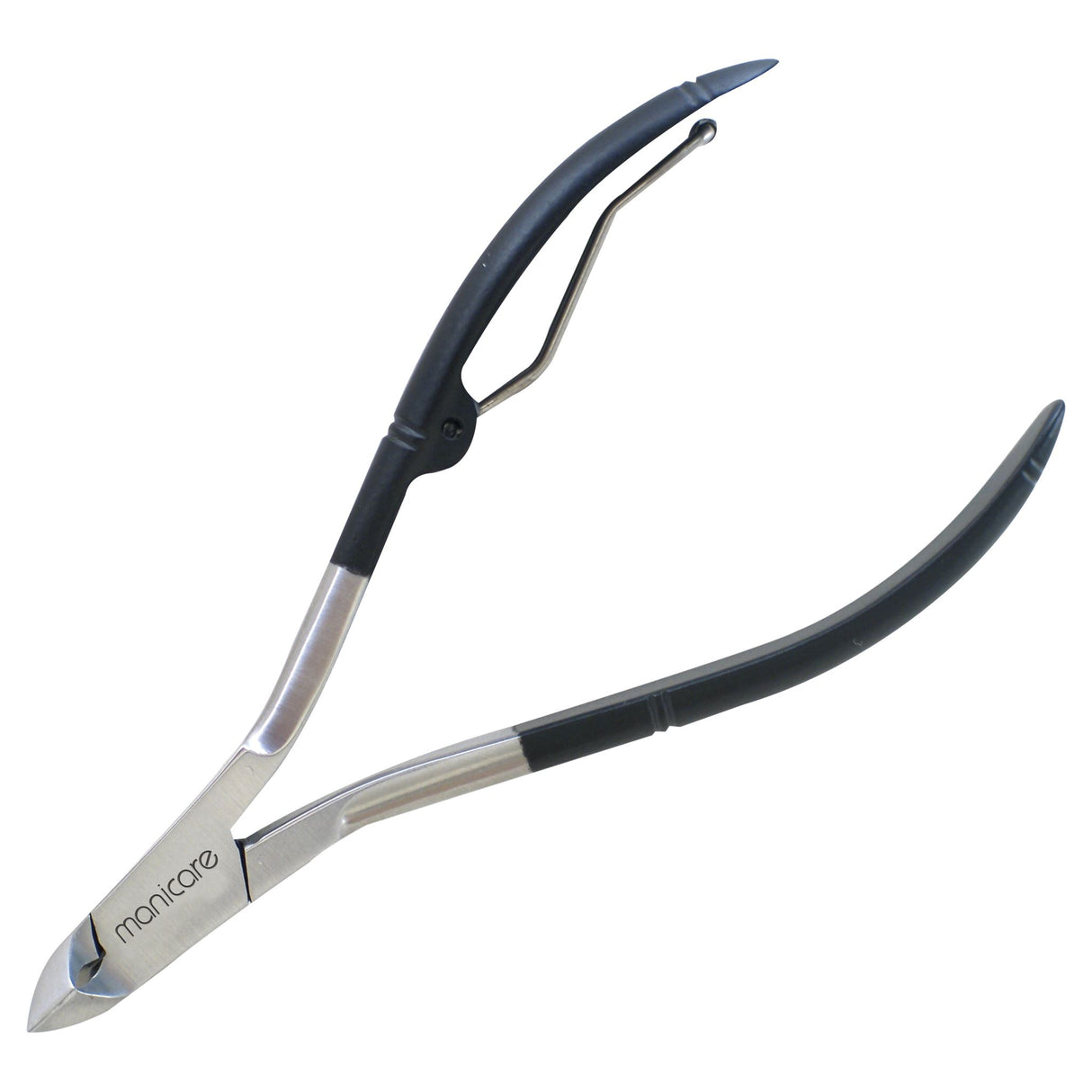 Manicare Cuticle Clippers with Side Spring in stainless steel, featuring ergonomic black handles for easy, precise trimming.
