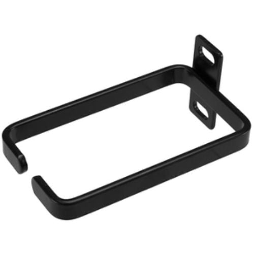 Black 1U vertical cable management D-ring hook made of durable steel for organized server racks and easy cable insertion.