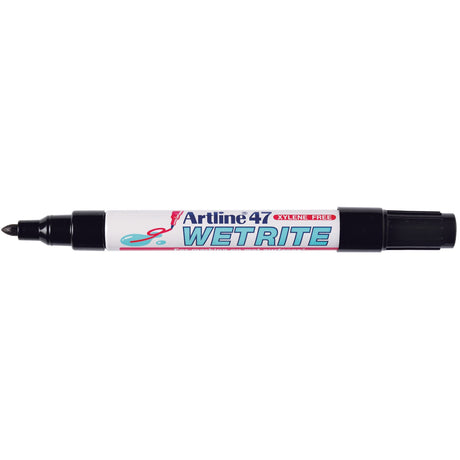 Artline 47 Wetrite Permanent Marker in black, 1.5mm nib, ideal for marking on wet non-porous surfaces, pack of 12.