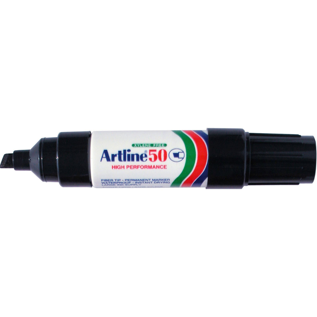 Black ARTLINE 50 Permanent Marker with chisel nib for versatile marking on various surfaces, low odour, and instant-drying ink.
