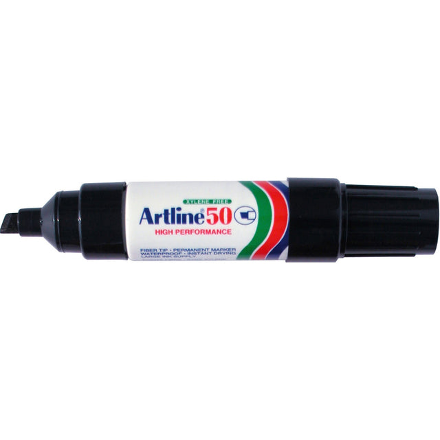 Black ARTLINE 50 Permanent Marker with chisel nib for versatile marking on various surfaces, low odour, and instant-drying ink.