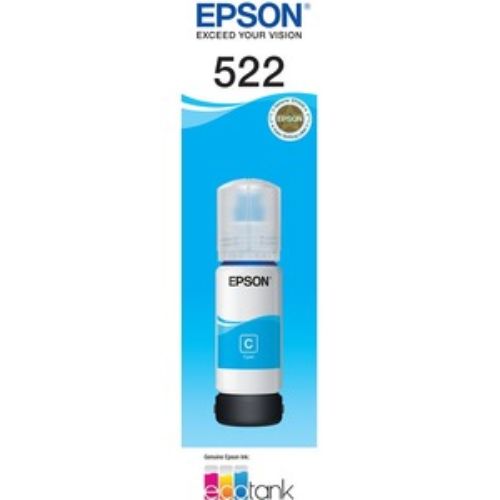 Epson EcoTank T522 Cyan Ink Bottle for Expression ET-2710, high-capacity, mess-free printing with auto stop technology.