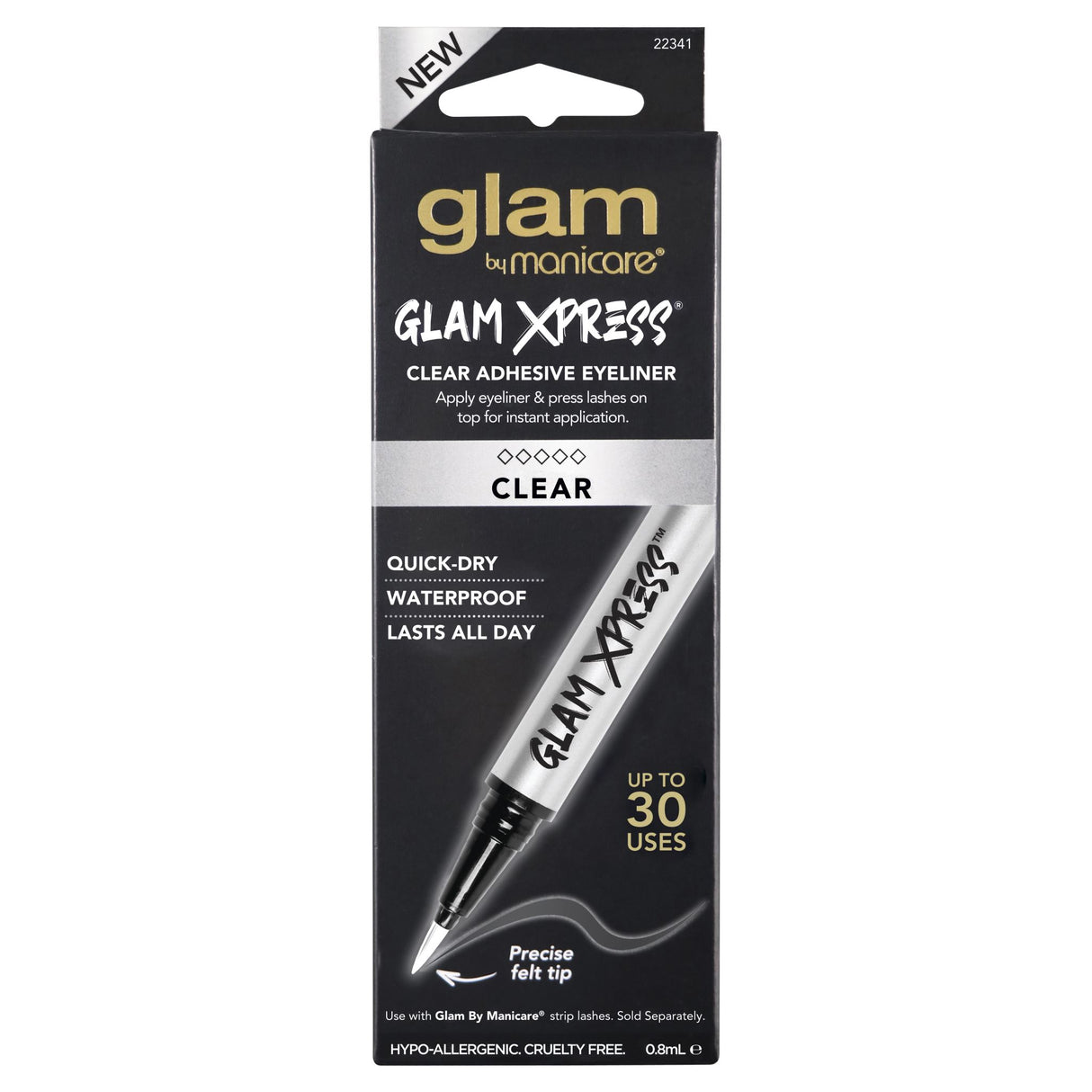 Glam by Manicare clear adhesive eyeliner combines liner and lash glue for effortless, invisible lash application.