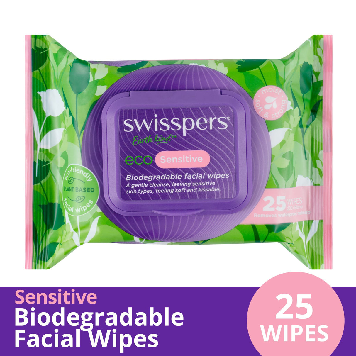 Eco-friendly Swisspers biodegradable facial wipes for sensitive skin, made from natural cotton and plant fibers.
