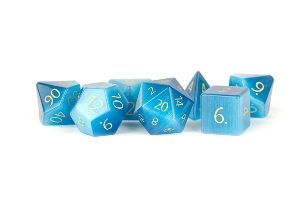 Fanroll: 16mm Stone Poly Dice Set: Engraved Cat's Eye Aquamarine