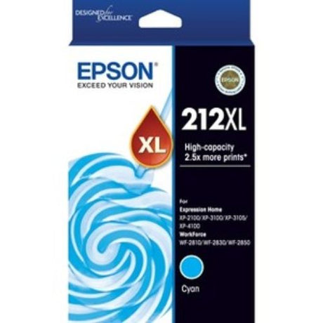 Epson 212XL High Yield Cyan Ink Cartridge for vibrant prints, offering 2.5x more output for exceptional quality and savings.