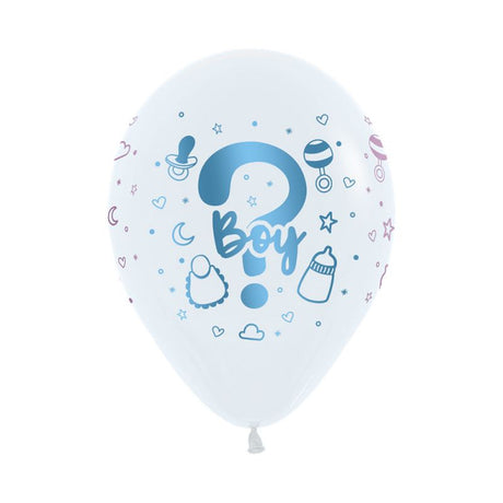 Pack of 12 white 30cm metallic ink balloons with 'Guess Boy or Girl' print.