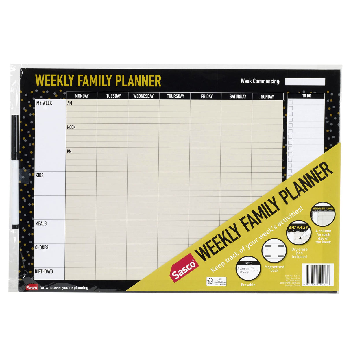 SASCO® Planner Weekly Undated: A magnetic, reusable dry erase planner for flexible family scheduling with a wipe-off surface.
