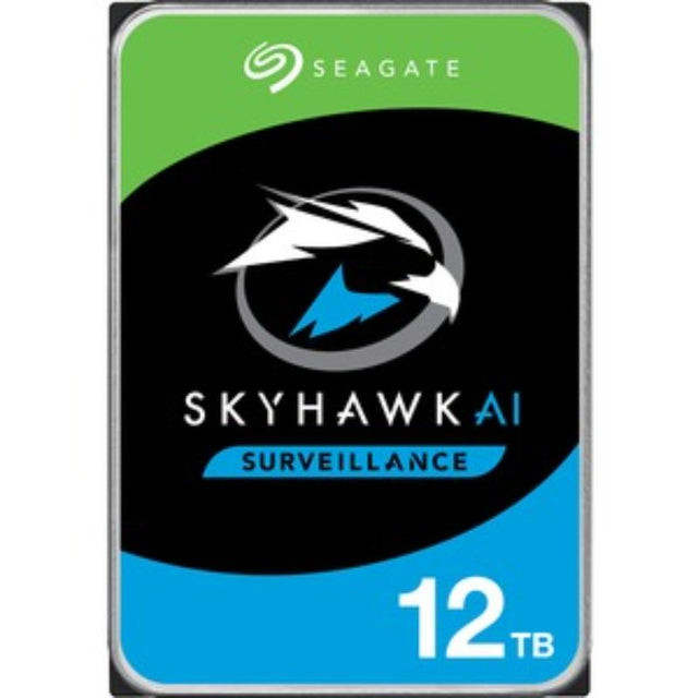 Seagate SkyHawk AI 12TB SATA HDD for 24/7 surveillance, optimized for NVRs and high-definition video storage.