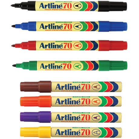 Artline 70 permanent markers in assorted colors, 1.5mm bullet nib for bold, durable marking on various surfaces.