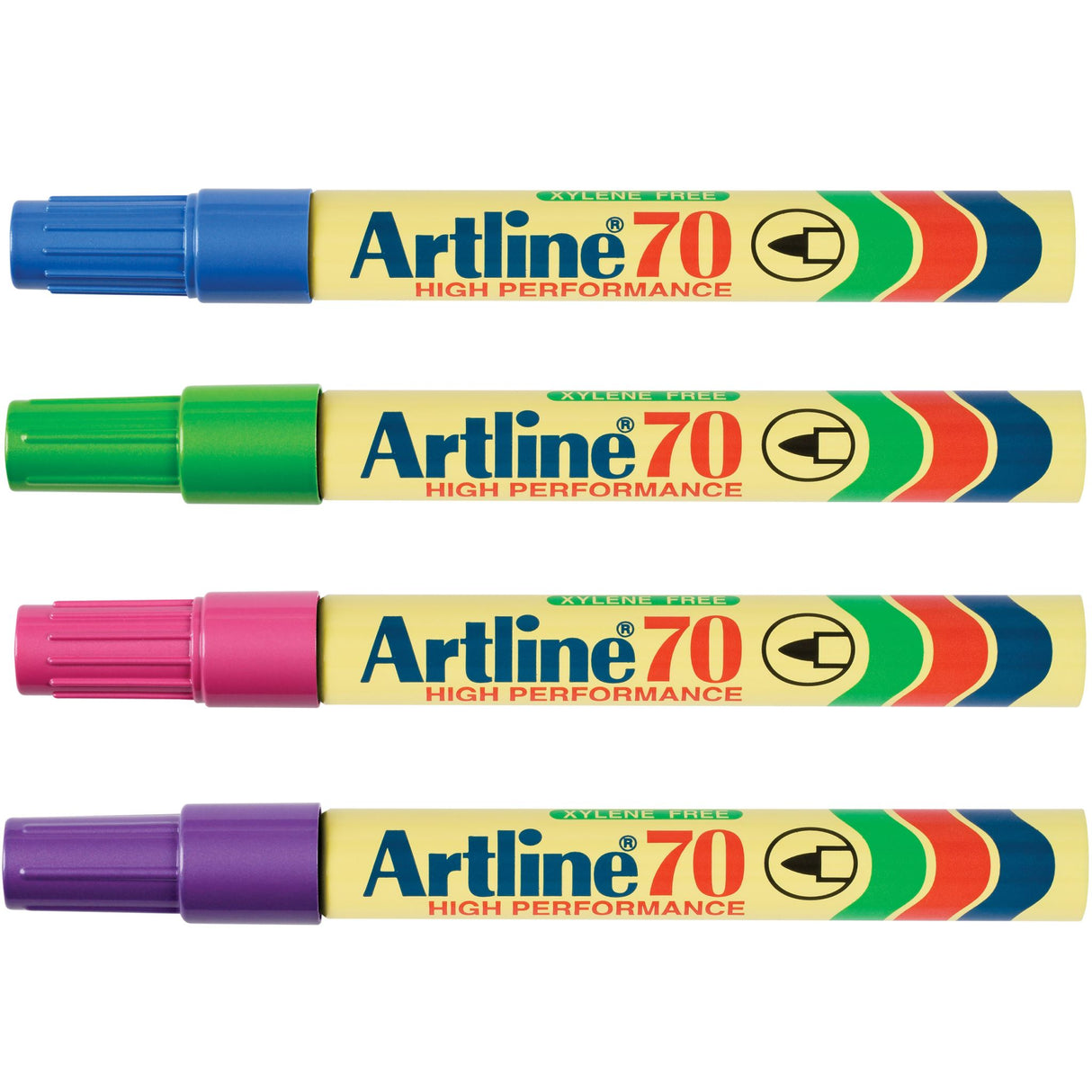 Set of 12 Artline 70 Permanent Markers in vibrant colors with 1.5mm bullet nibs, ideal for various permanent marking tasks.