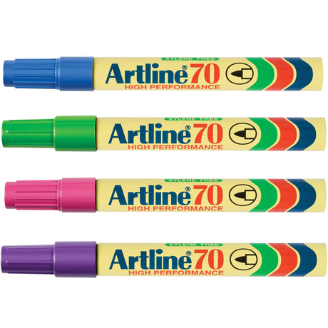 Set of 12 Artline 70 Permanent Markers in vibrant colors with 1.5mm bullet nibs, ideal for various permanent marking tasks.