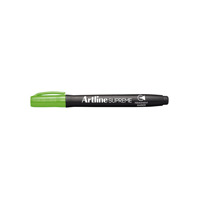 Pack of 12 Artline Supreme Lime Green Permanent Markers with 1.00mm nib, ergonomic design for comfort and vibrant color.