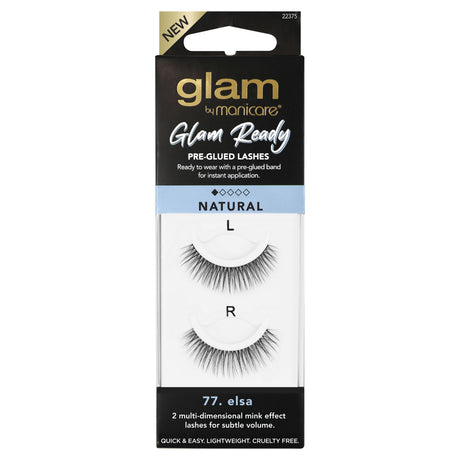 Glam By Manicare® 77 Elsa pre-glued lashes offer lightweight, multi-dimensional volume for effortless, captivating eyes.