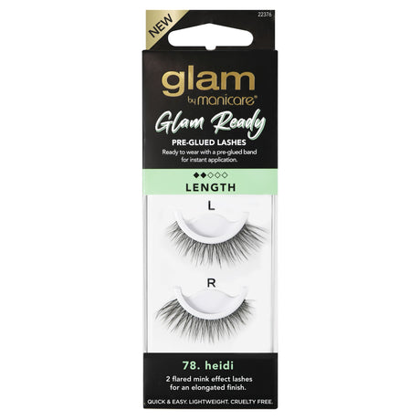Glam by Manicare 78 Heidi pre-glued lashes, flared mink effect for effortless beauty with a lightweight, comfortable band.