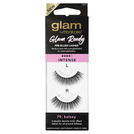 Glam by Manicare Kelsey Pre-Glued Lashes with double density for fullness, lightweight band, cruelty-free and easy application.