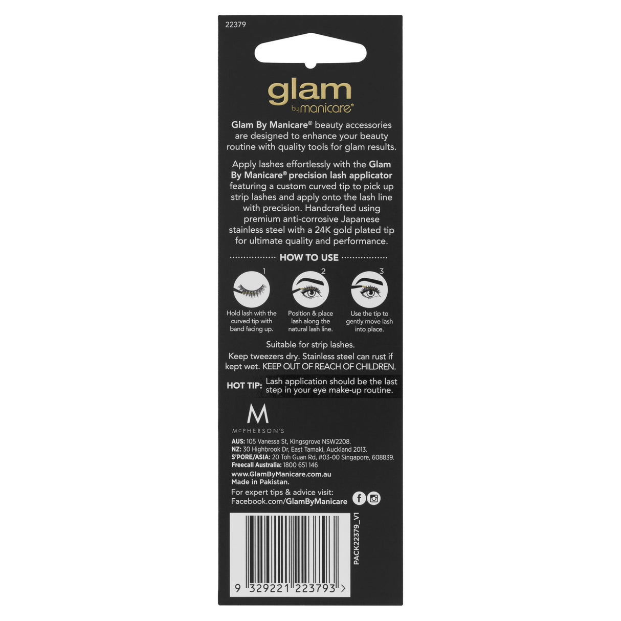 Glam by Manicare® Precision Lash Applicator with curved tip for easy lash application, featuring a luxurious 24K gold plated tip.