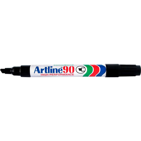 Artline 90 Permanent Marker set of 12 in black, featuring 5mm chisel nib for versatile, precise marking on various surfaces.
