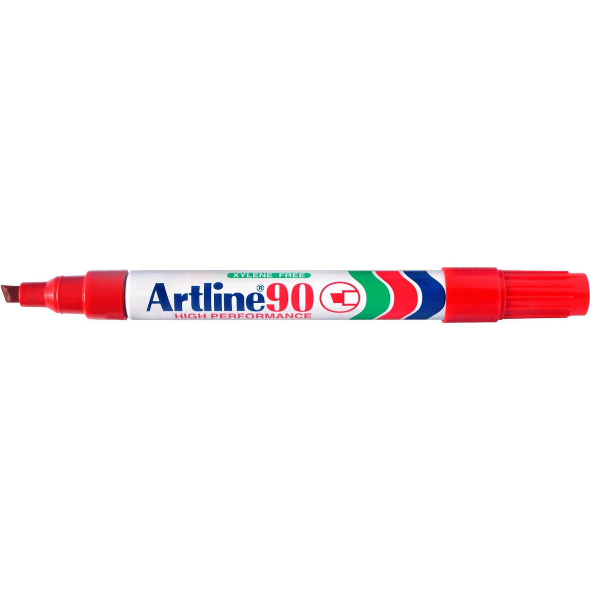 Artline 90 Permanent Markers in red, 5mm chisel nib, pack of 12, ideal for permanent marking on various surfaces.