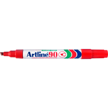Artline 90 Permanent Markers in red, 5mm chisel nib, pack of 12, ideal for permanent marking on various surfaces.