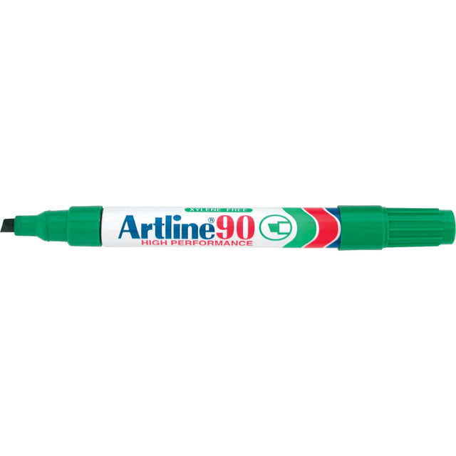 Artline 90 Permanent Marker pack with 12 green markers featuring a 5mm chisel nib for versatile marking on various surfaces.