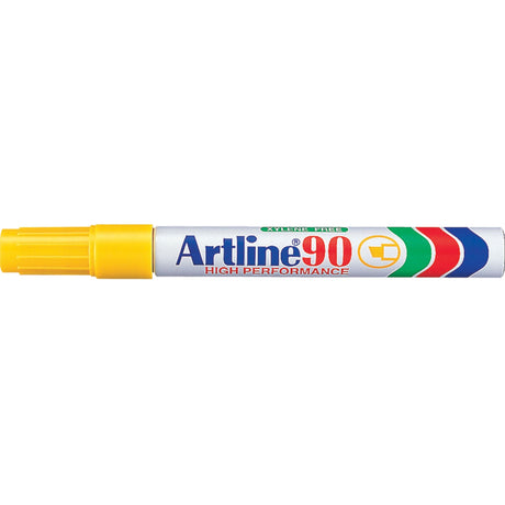 Artline 90 Permanent Marker set in yellow, 12 units with 5mm chisel nib for versatile, low-odour marking on various surfaces.