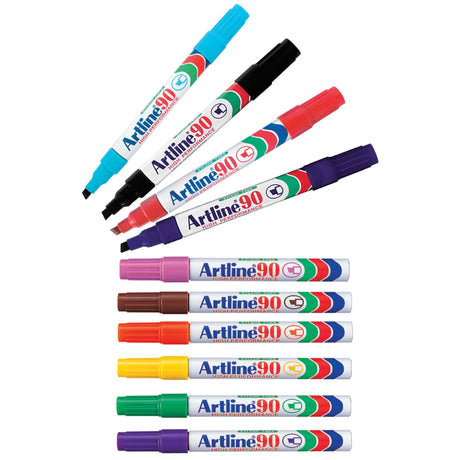 Artline 90 Permanent Marker set of 12 with chisel nibs, vibrant colors, instant-drying, low odour, and durable design.