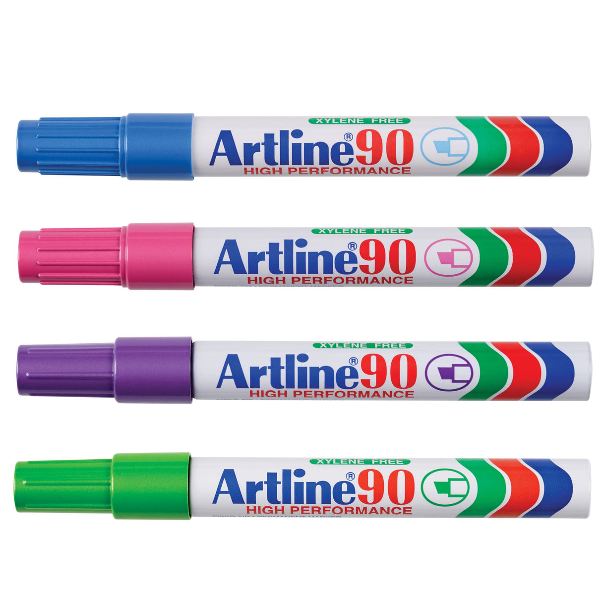 Set of 12 Artline 90 Permanent Markers with bright colors and 5mm chisel nibs for versatile, permanent marking.