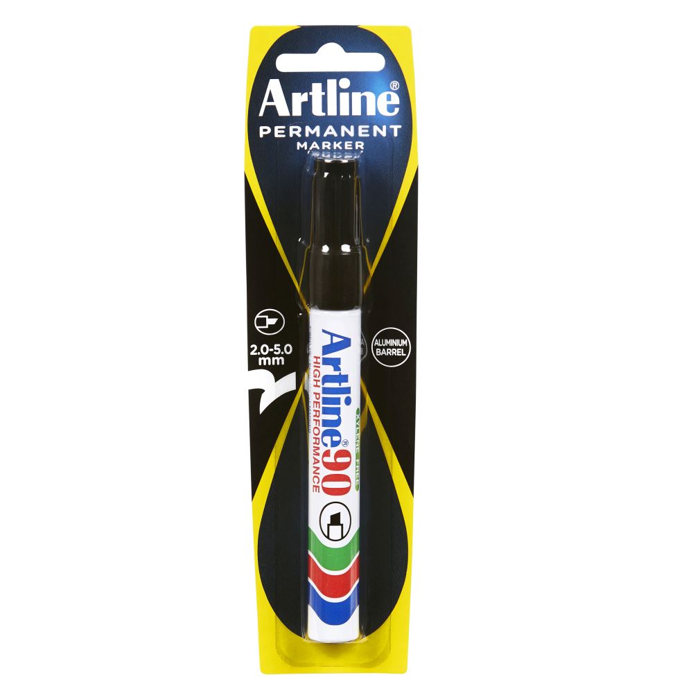 Artline 90 Permanent Marker with 5mm chisel nib, ideal for versatile marking on various surfaces in black color.