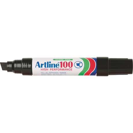 Pack of 6 Artline 100 permanent markers with 12mm chisel nibs for bold, instant-drying black marking.