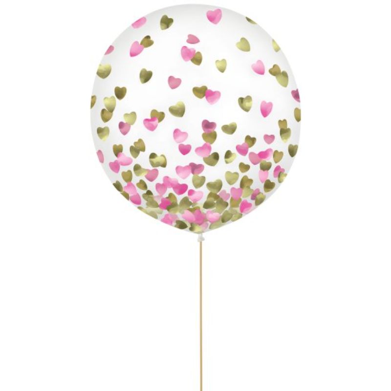 Vibrant 60cm latex balloons with colorful confetti hearts, perfect for birthdays and festive celebrations. Pack of 2.
