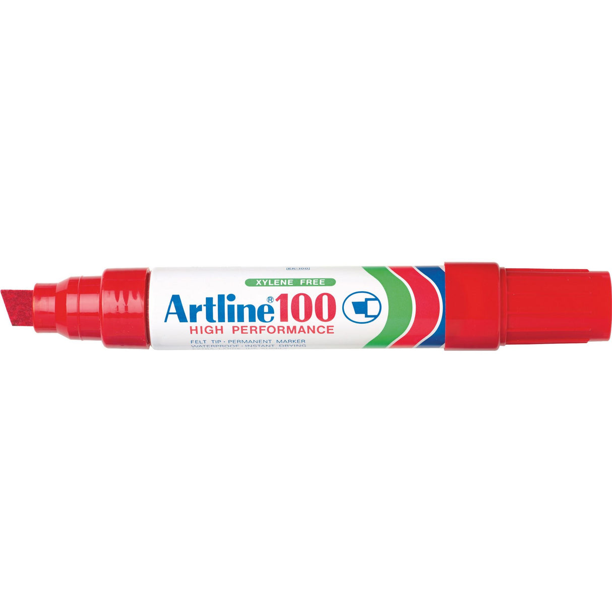 Set of 6 Artline 100 red permanent markers with a 12mm chisel nib for bold, clear marking on various surfaces.