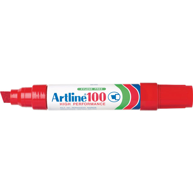 Set of 6 Artline 100 red permanent markers with a 12mm chisel nib for bold, clear marking on various surfaces.