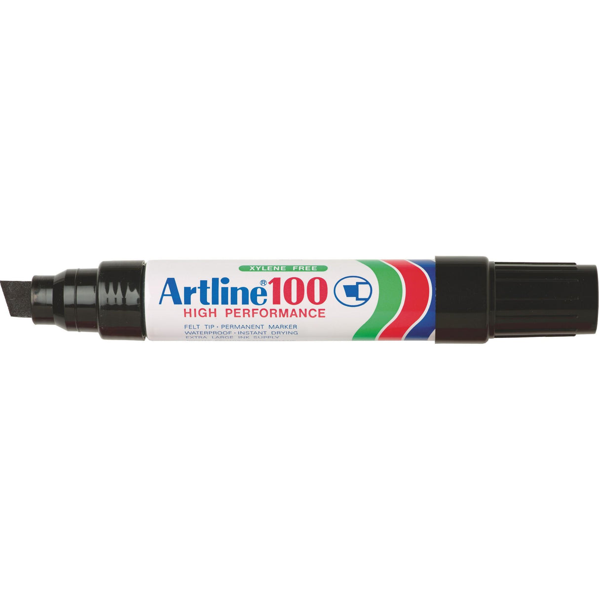 Artline 100 Permanent Marker with 12mm chisel nib for bold marking on various surfaces, featuring low-odor, quick-drying black ink.