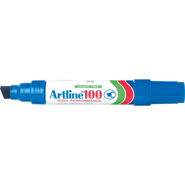 Artline 100 Permanent Marker in blue with a 12mm chisel nib, perfect for bold, permanent markings and durable use.