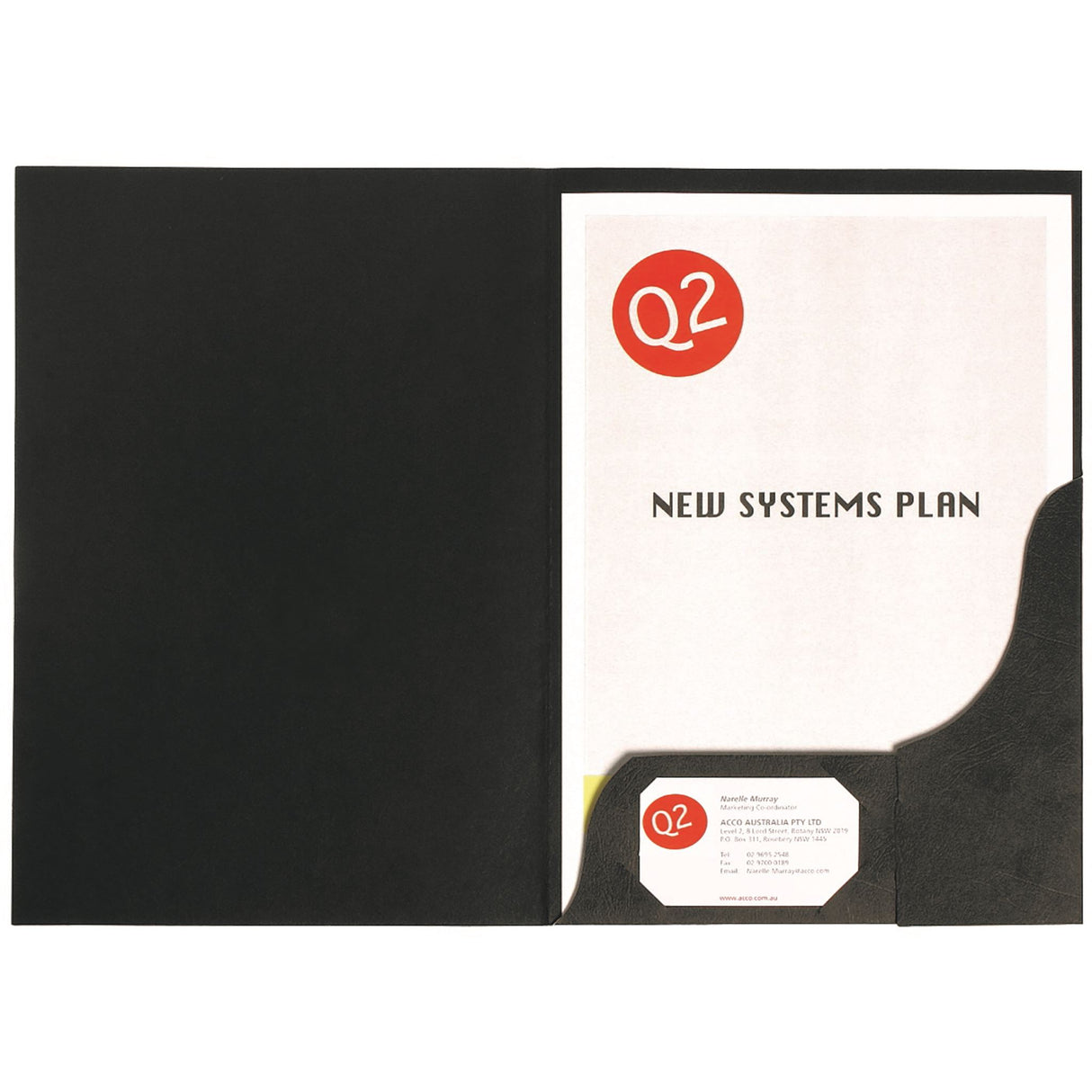 Sleek black Marbig A4 presentation folders with leathergrain finish, holding 30 sheets and featuring a business card holder.